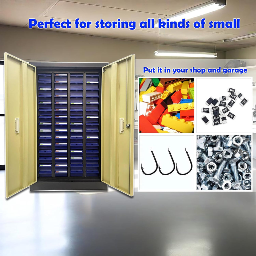 TECHTONGDA Bolt and Nut Tool Storage Steel Cabinet 60 Drawers Parts Cabinet Hardware Organizer and Storage Organization Shelves Dividers Assortment KIT with Door Lock