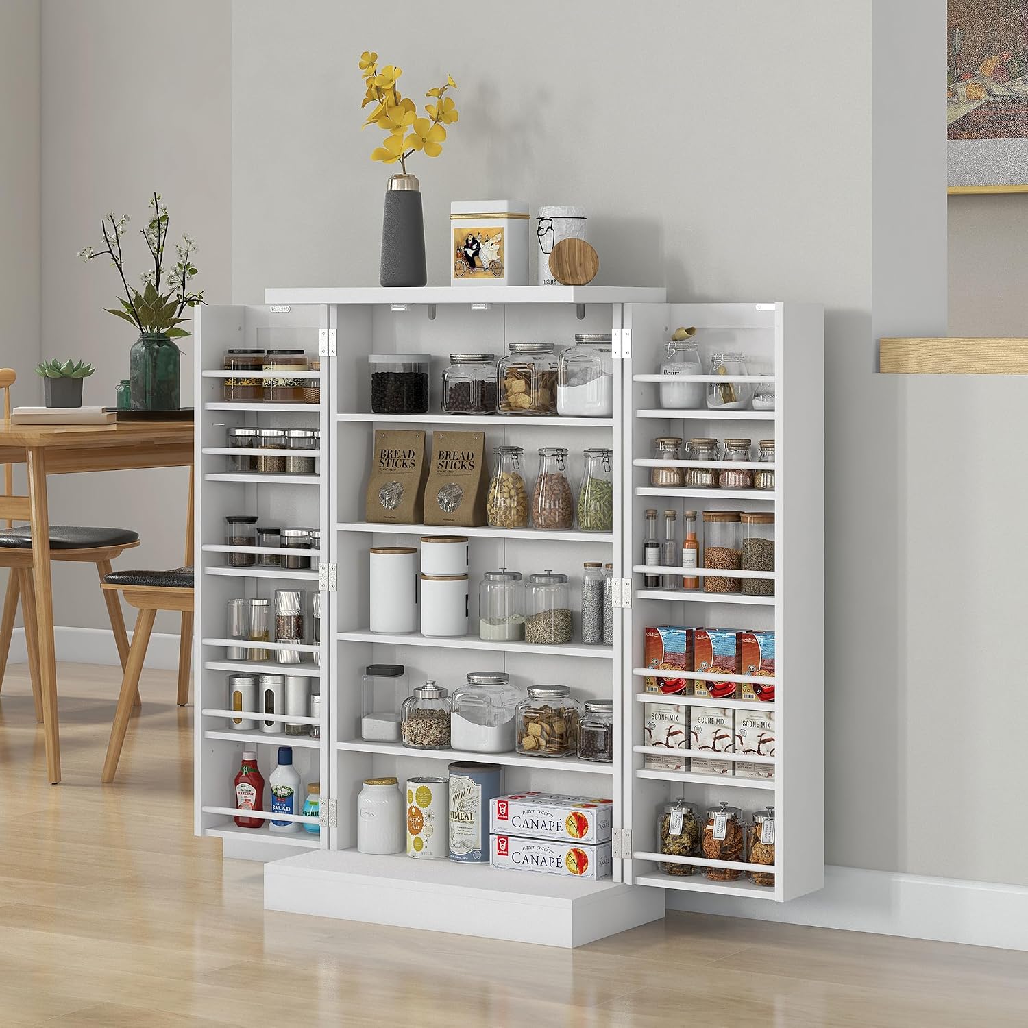 HOMCOM 41' Kitchen Pantry Storage Cabinet, Freestanding Kitchen Cabinet with 12 Door Shelves, Double Doors, 5-Tier Shelving and Adjustable Shelves, Painted White