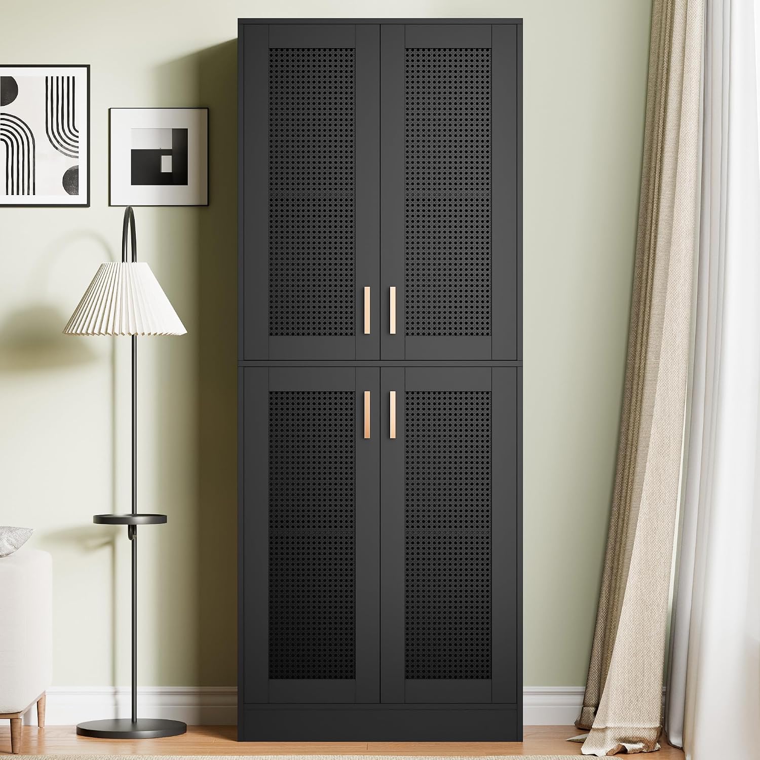 Cozy Castle Kitchen Pantry Cabinet, 71' Tall Rattan Doors Storage Cabinet and Adjustable Shelves, Modern Farmhouse Wood Cupboard Utility Hutch for Kitchen, Dining Room, Living Room (Black)
