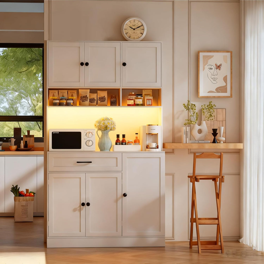 FJTJBSI 72' Kitchen Pantry Cabinet with LED Light and Charging Station Tall Pantry Storage Cabinet with Adjustable Shelves and Door Shelves Modern Kitchen Hutch with Microwave Stand and Countertop