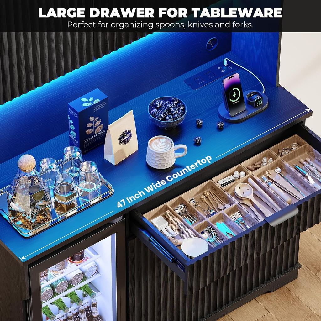 69' Kitchen Pantry with Fridge (Fridge Included), Fluted Coffee Bar Cabinet with LED Lights & Outlets, Tall Wine Bar Cabinet with Drawer & Storage Hutch for Living Room, Dining Room, Black