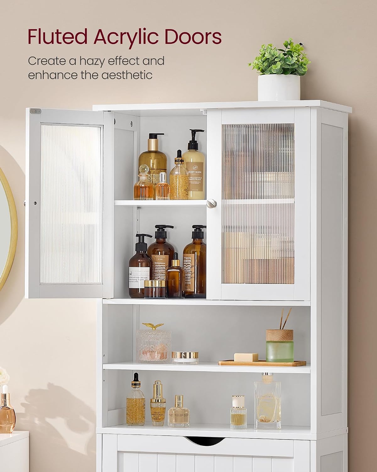 VASAGLE Storage Cabinet, Freestanding Storage Unit with Adjustable Shelves, Drawer, Open Compartments, for Bathroom, Living Room, Kitchen, Cloud White UBBC768WH01S