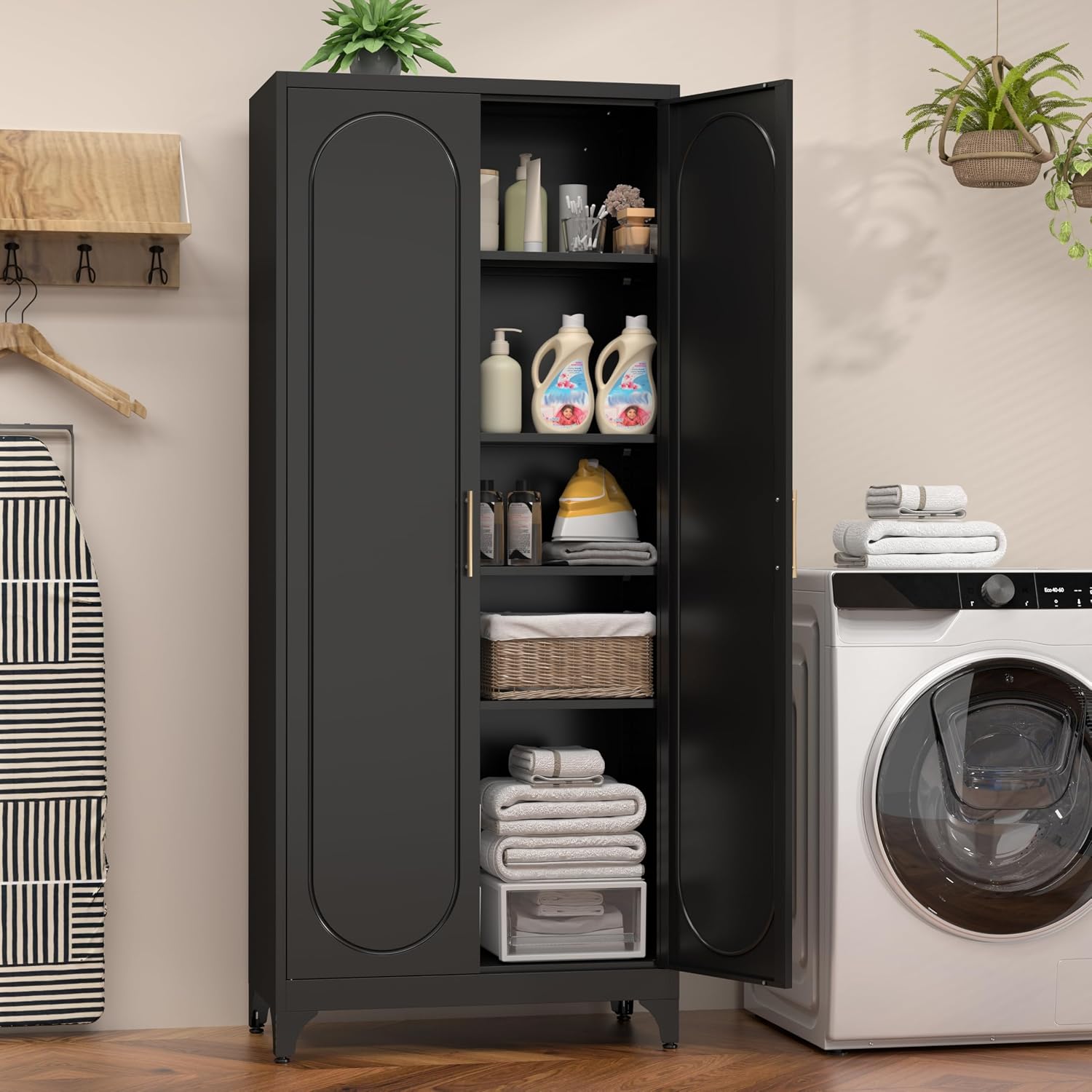 75' Tall Black Metal Storage Cabinet with Doors & Adjustable Shelves, Heavy-Duty Pantry Cabinet for Kitchen, Garage, Home Office, Living Room & School