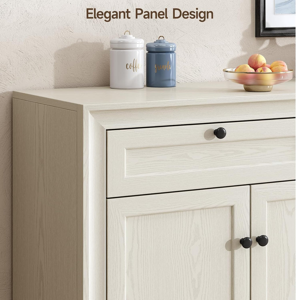 ONBRILL 48 Inches Sideboard Buffet Cabinet with Storage, Farmhouse Sideboard with 2 Drawers and 3 Doors, Wood Coffee Bar Cabinet with Adjustable Shelves for Living Room, Kitchen, Hallway, White