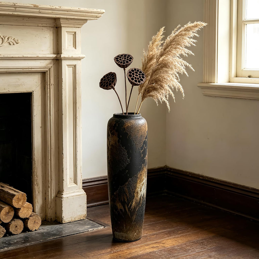 Black Rustic Ceramic Tall Floor Vase, 23.6 Inch Vintage Large Farmhouse Vase Pottery Clay Terracotta Rustic Vases for Home Decor Living Room Entryway Table Centerpieces,Kitchen,Housewarming Gifts