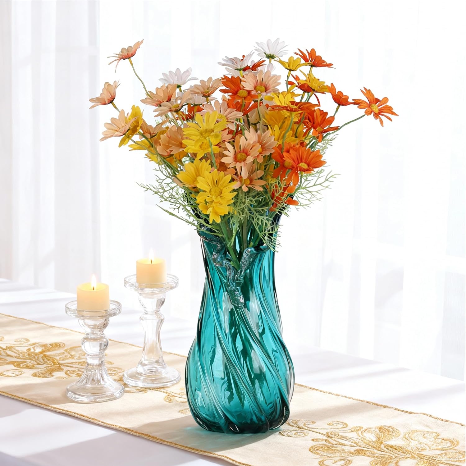 Hand Blown Blue Large Glass Vase Set - Artistic Clear Blue Vase for Coastal & Modern Home Decor, Ocean Wave Vase Design Light Luxury Style for Home Decor, Centerpiece, Office (XL)