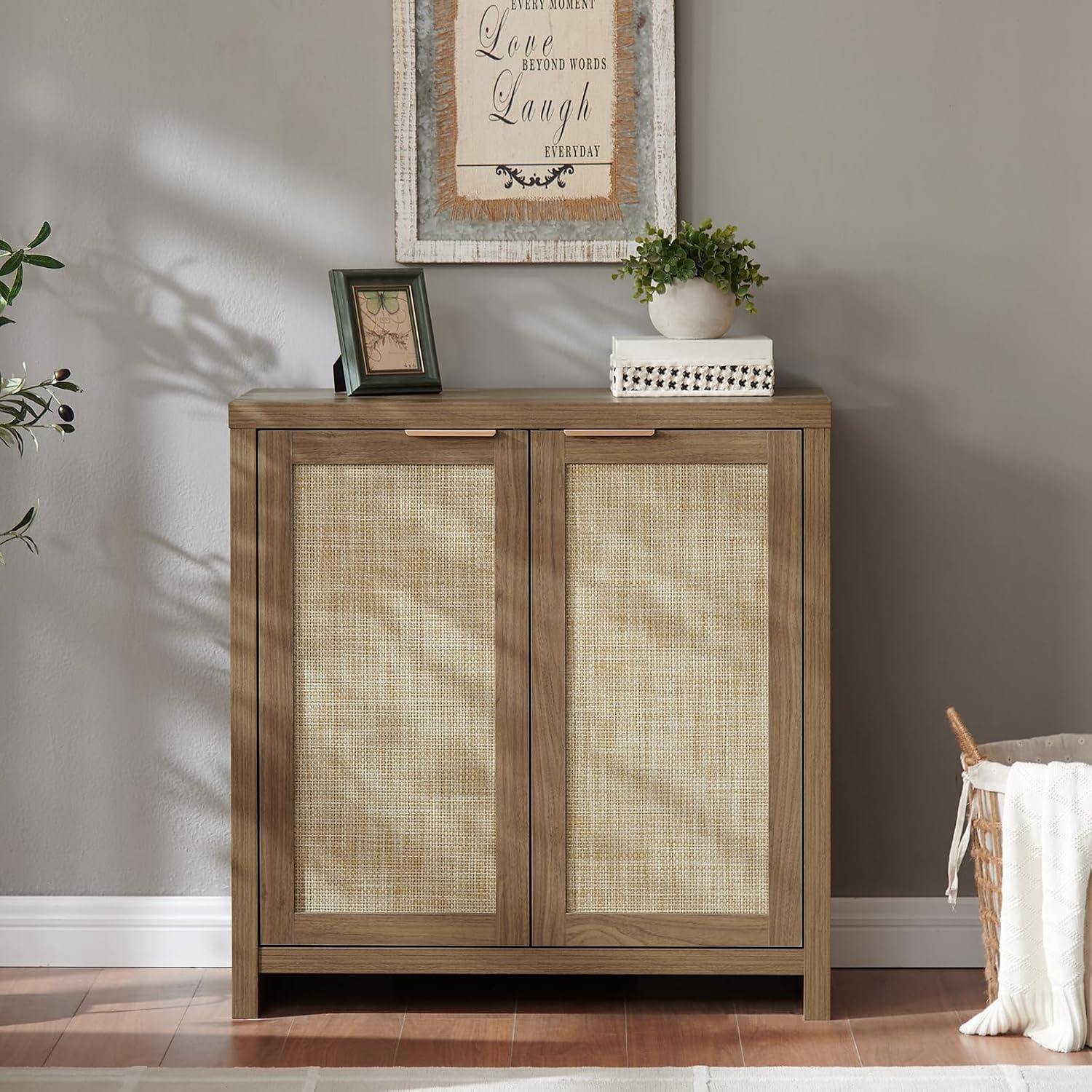 OAKHAM HOME Hampstead Storage Sideboard Cabinet with Rattan Doors and Adjustable Shelves, Buffet Kitchen Cabinet Cupboard Console for Living Room, Set of 3