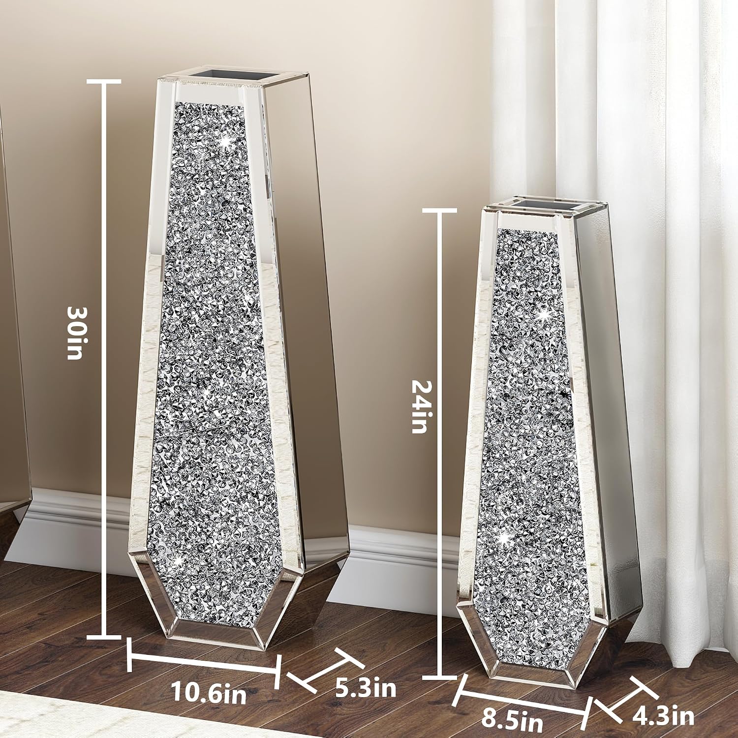 SHYFOY 30' Floor Vase Crushed Diamond Mirrored Vase Silver Tall Vases for Floor, Large Crystal Glass Decorative Floor Vases for Living Room Office Corner Hallway Home Decor