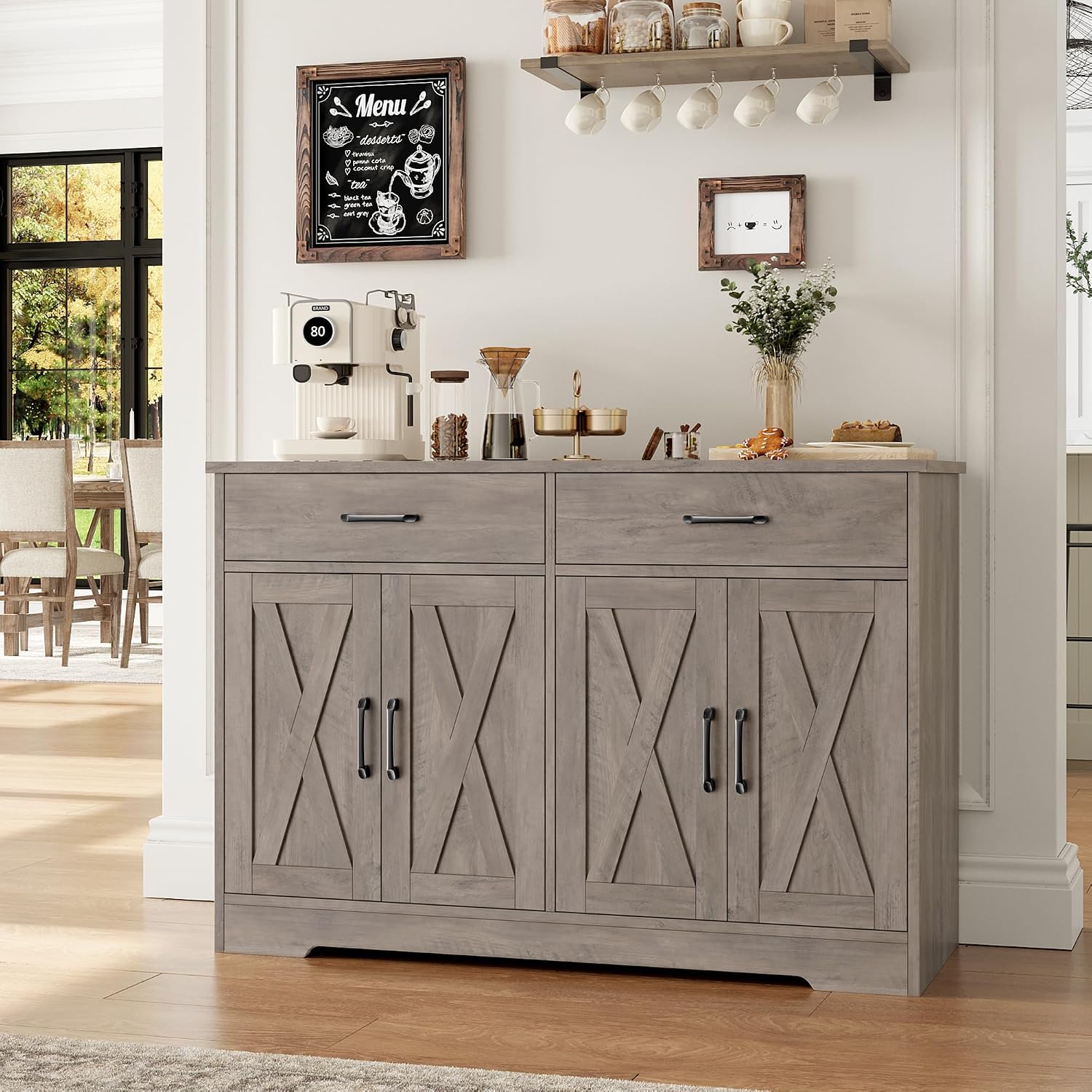 HOSTACK Buffet Cabinet with Storage, 47.2' Kitchen Sideboard Buffet with Drawers, Modern Farmhouse Coffee Bar Station with Shelves, Barn Doors Storage Cabinet for Living Room, Ash Grey