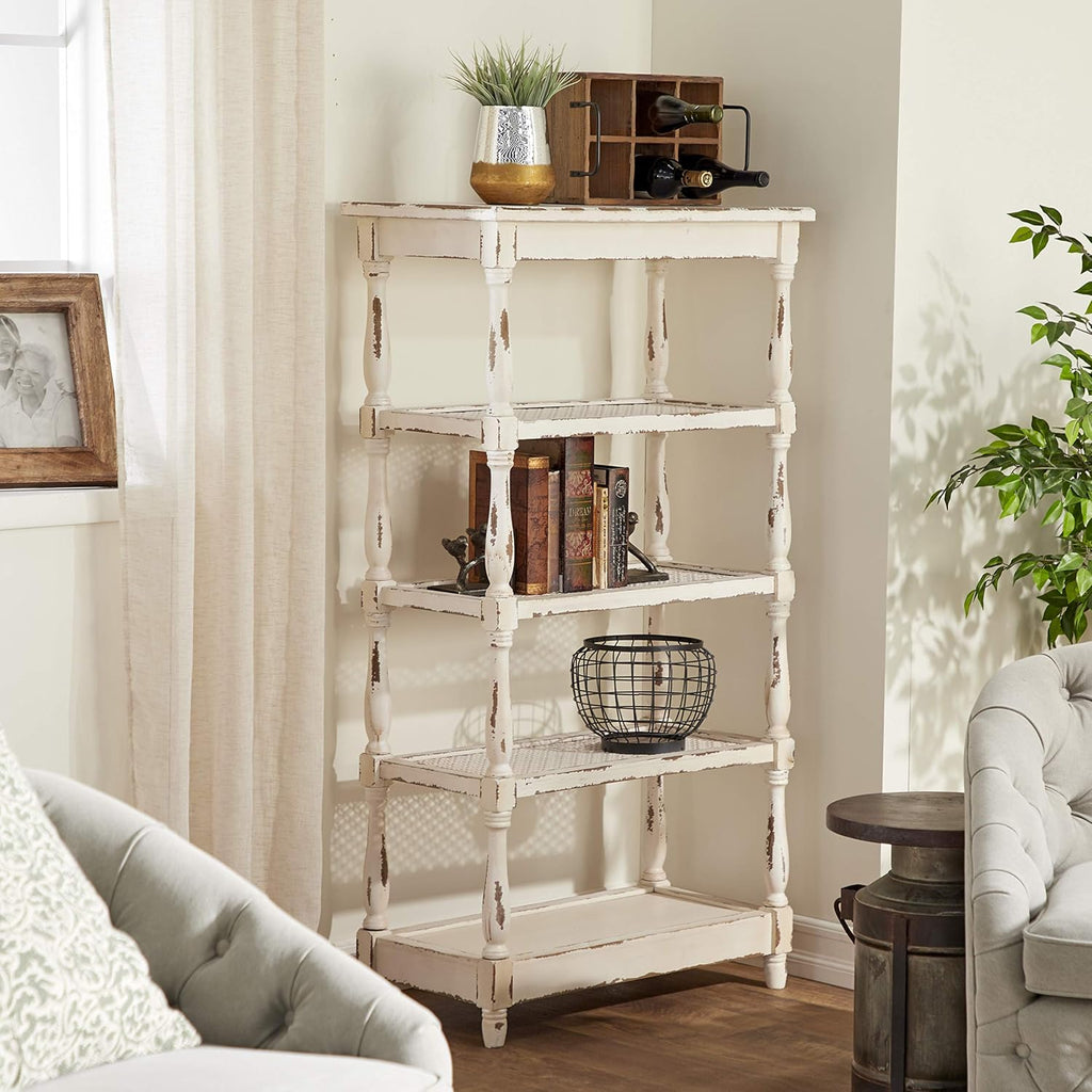 Deco 79 Farmhouse Distressed White Wood Bookshelf with Pierced Metal Interior Shelves & Turned Column Frame Shelving Unit, 30' x 16' x 55' White