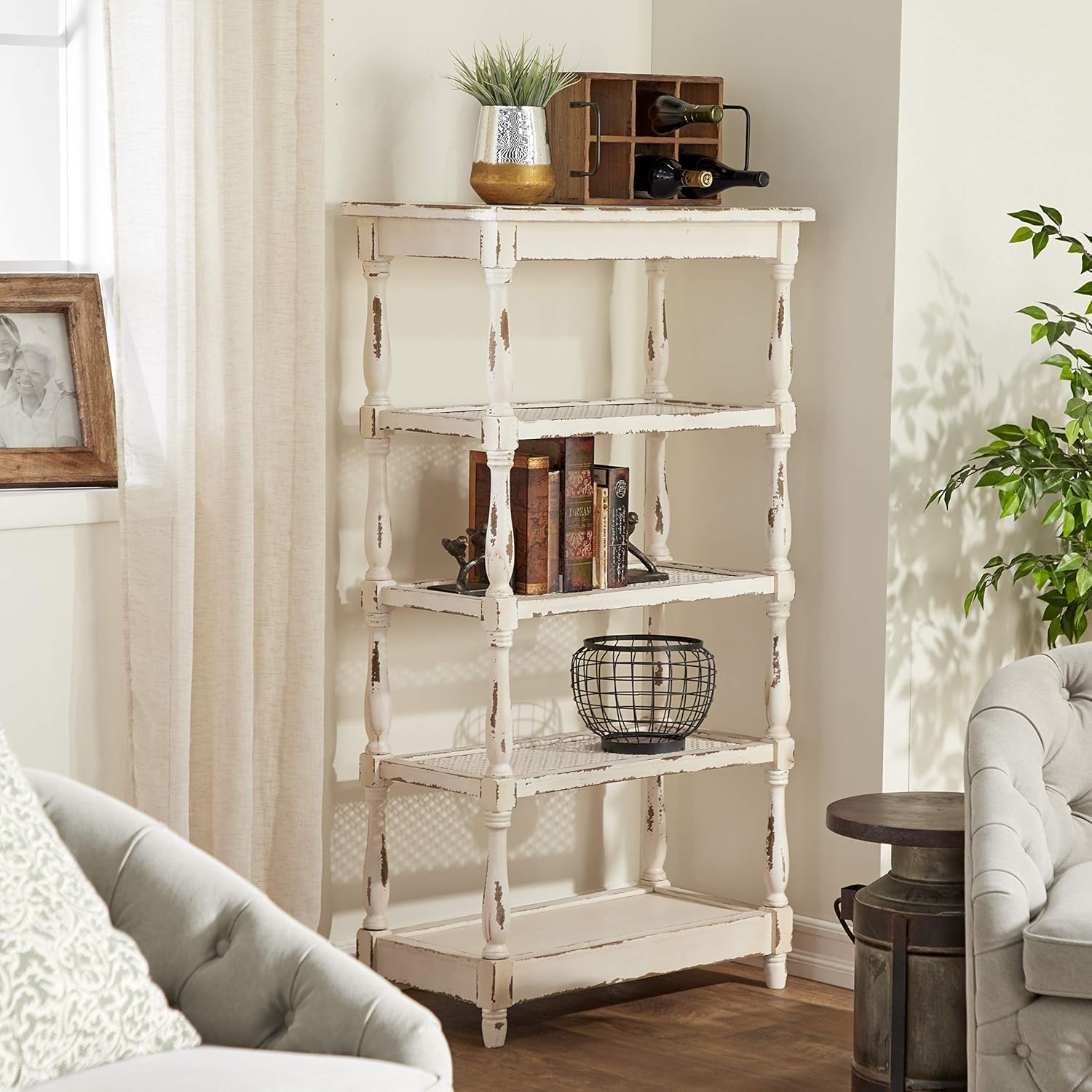 Deco 79 Farmhouse Distressed White Wood Bookshelf with Pierced Metal Interior Shelves & Turned Column Frame Shelving Unit, 30' x 16' x 55' White