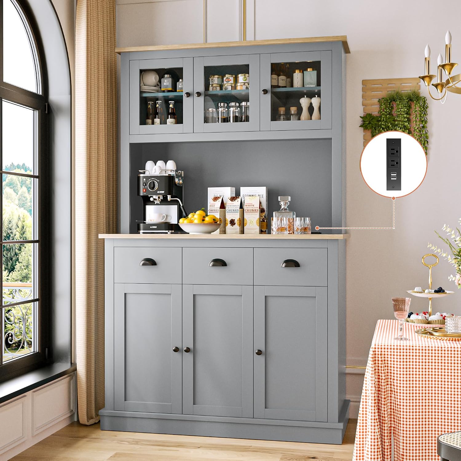 MU 71' Kitchen Pantry Cabinet with Charging Station, Tall Pantry Hutch with Drawers, Countertop & Microwave Shelf, Food Storage Cabinet for Dining Room & Coffee Bar, Grey