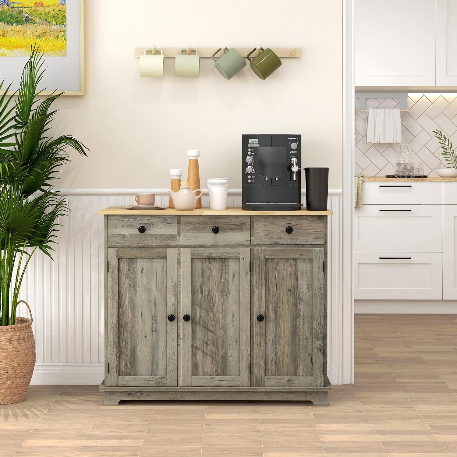 40' Solid Wood Top Freestanding Storage Cabinet, Kitchen Storage Bakers Rack with Drawers, Utility Food Cupboard with Adjustable Shelf for Dining Room Entryway, Gray