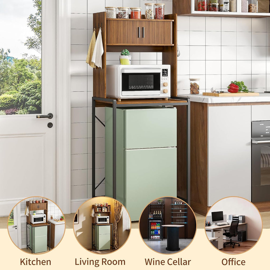 Mini Fridge Stand with Sliding Doors Storage, Microwave Stand and Baker's Rack with 6 Hooks, 4-Tier Mini Fridge Cabinet for Dorm, Home, Office, Kitchen, Walnut Wood