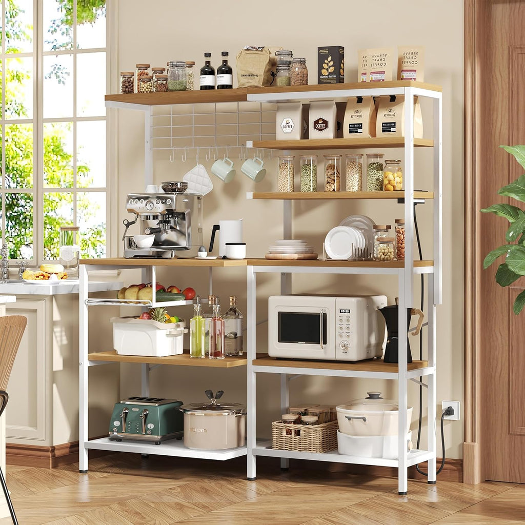 L-Shaped White Bakers Rack with Power Outlet, Kitchen Storage Rack with Hooks, Wire Shelf with Open Storage, Mesh Grid, Wire Basket