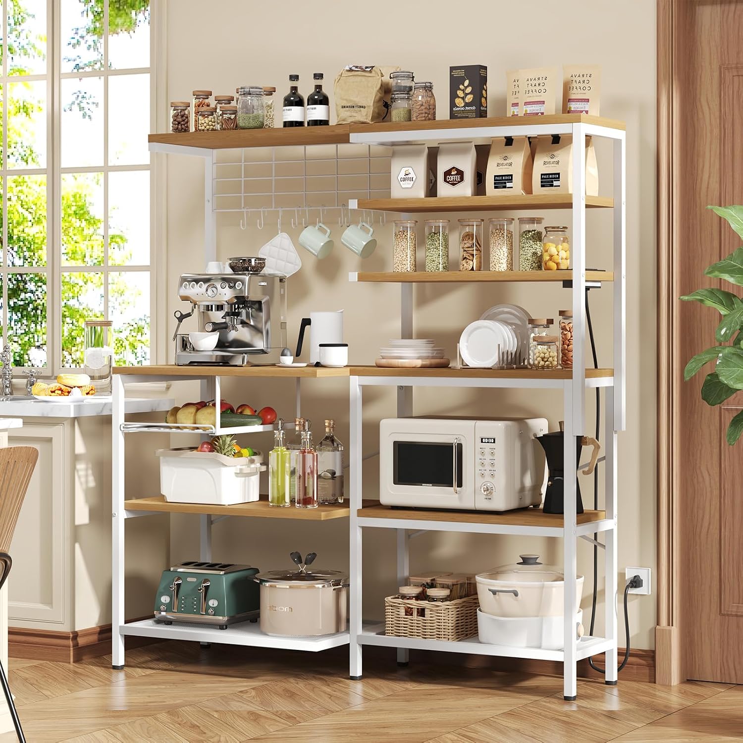 L-Shaped White Bakers Rack with Power Outlet, Kitchen Storage Rack with Hooks, Wire Shelf with Open Storage, Mesh Grid, Wire Basket