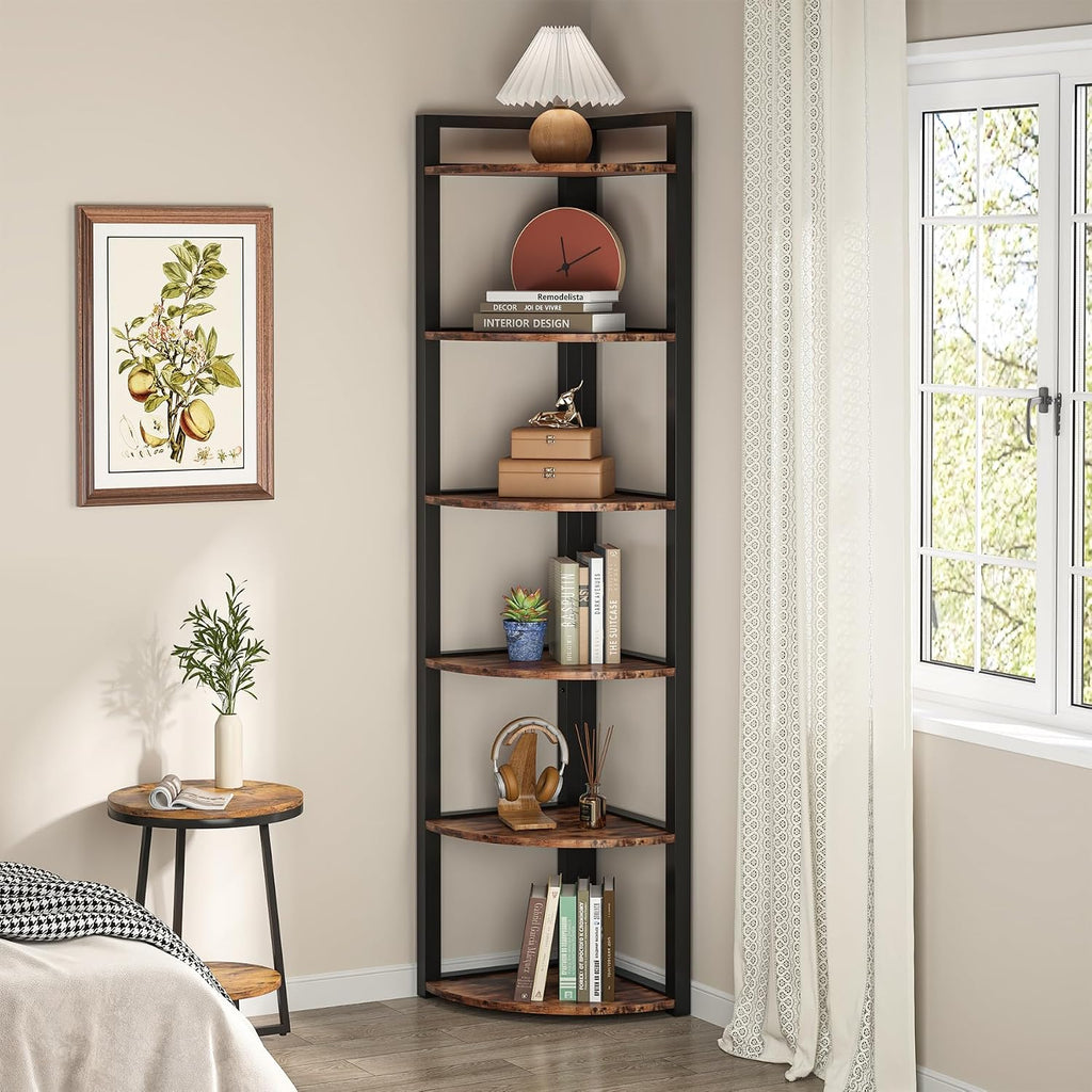 TRIBESIGNS WAY TO ORIGIN Corner Shelf, 70.9 Inch Tall Corner Bookshelf, 6 Tier Ladder Shelf with Metal Frames Multifunctional Modern Bookcase for Living Room, Home Office, Kitchen, Small Space (Brown)