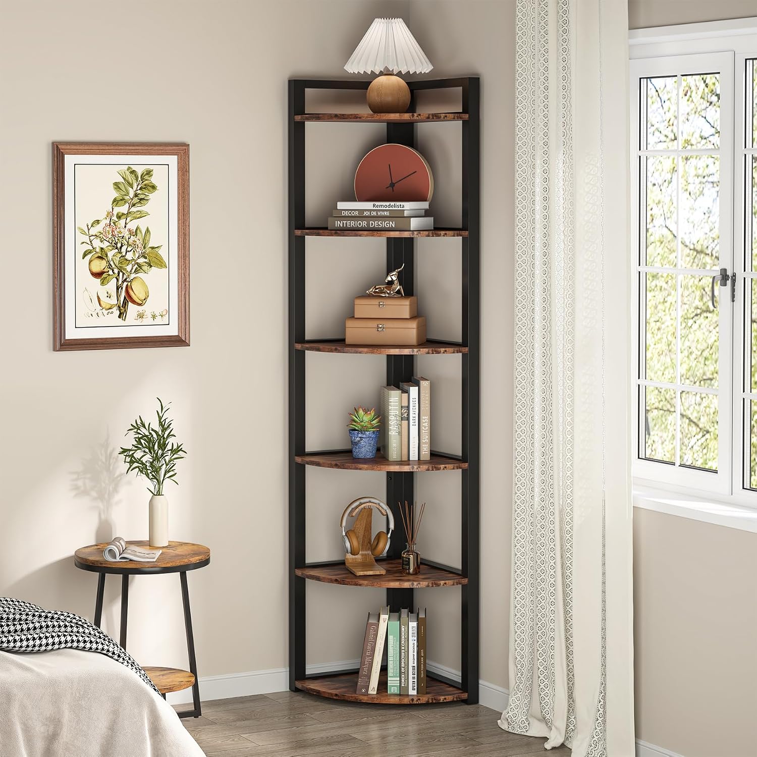 TRIBESIGNS WAY TO ORIGIN Corner Shelf, 70.9 Inch Tall Corner Bookshelf, 6 Tier Ladder Shelf with Metal Frames Multifunctional Modern Bookcase for Living Room, Home Office, Kitchen, Small Space (Brown)