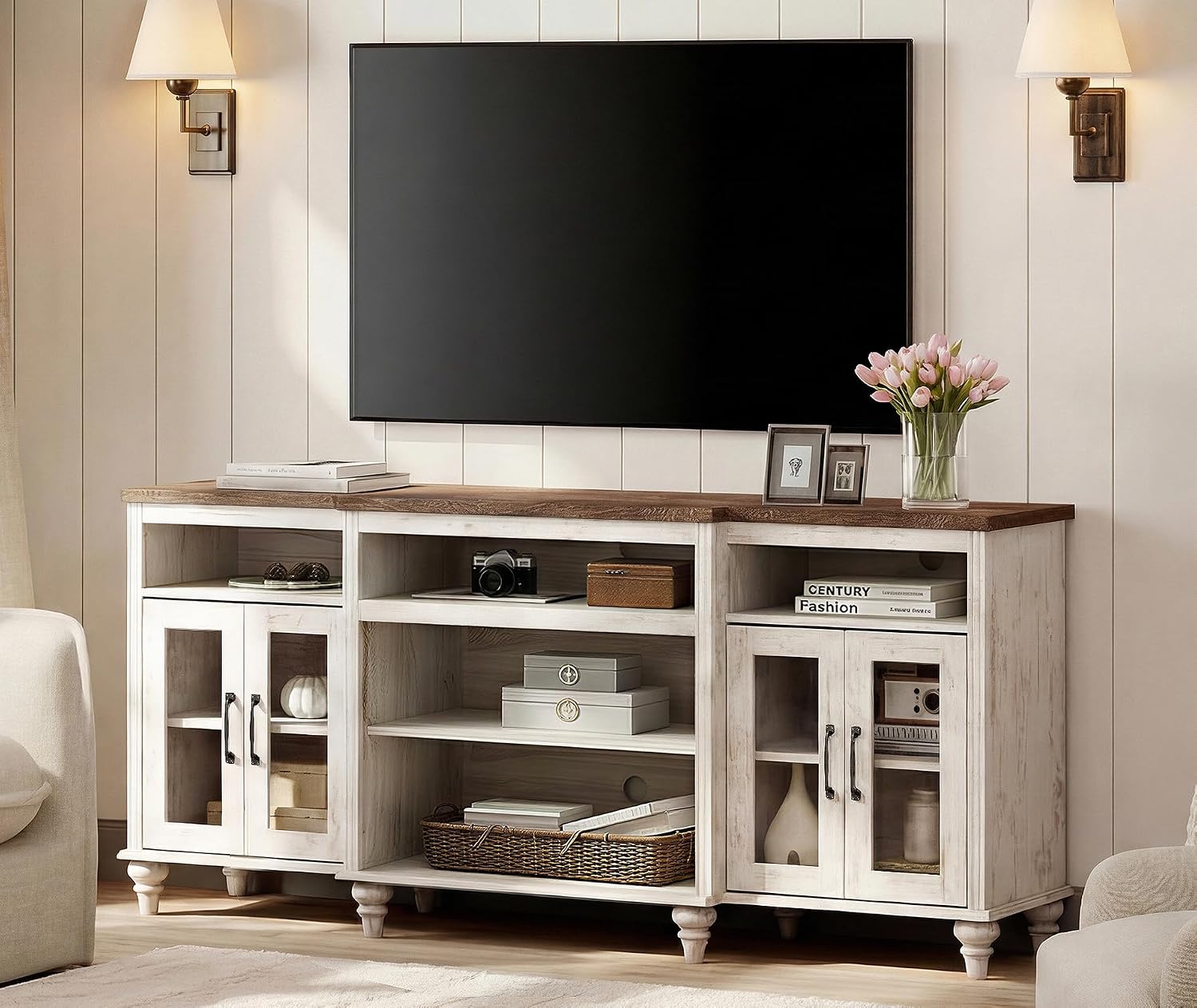 WAMAPT Buffet Cabinet with 4 Glass Doors, Large Coffee Bar Tables Wood Kitchen Storage Cabinets with 9 Storages, Modern Farmhouse Sideboard Credenza, Rustic White, 70 inch