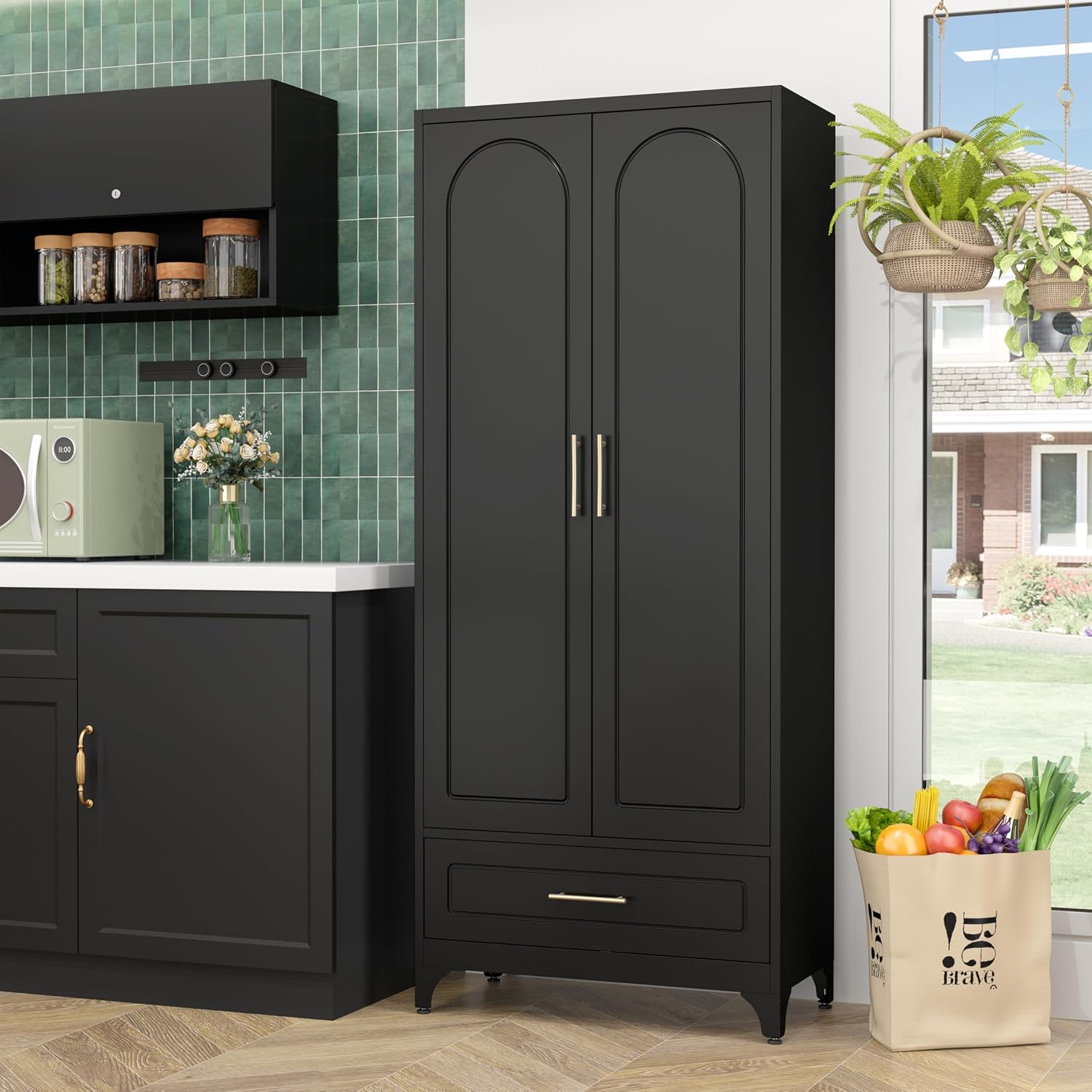 SteeLoong Metal Storage Cabinet with Drawers,75Inch Black Pantry Cabinets for Kitchen Storage with 3 Adjustable Shelves,Tall Kitchen Pantry Cabinet for Living Room, Dining Room，Office