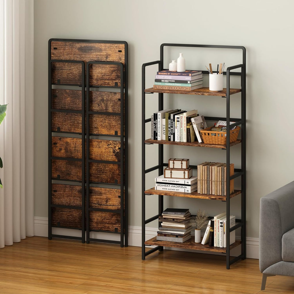 4NM No Assembly Folding Bookshelf, 4-Shelf 54' H Collapsible Foldable Bookcase Storage for Small Spaces, Rustic Brown and Black