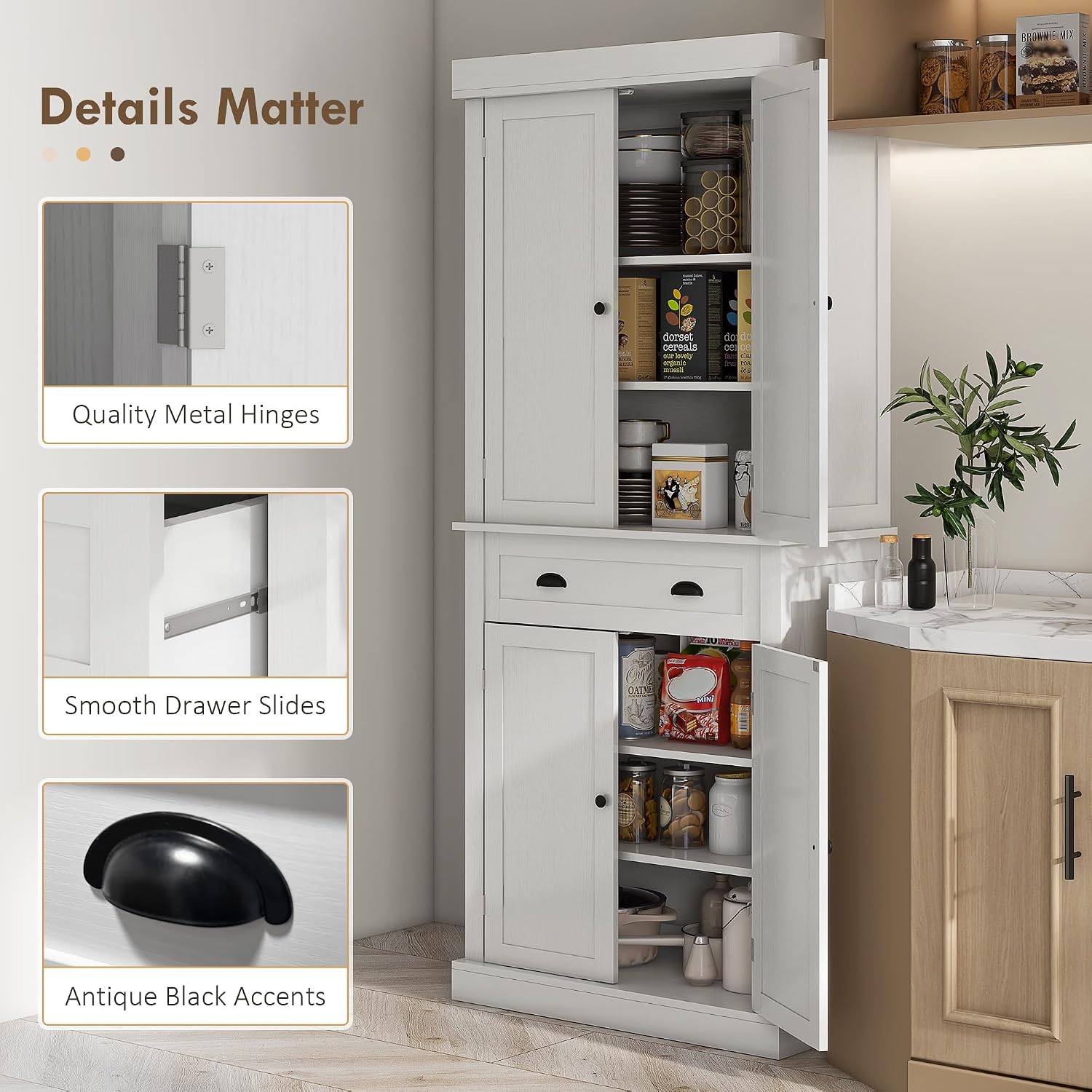 HOMCOM 72.5' Kitchen Pantry Cabinet, Traditional Freestanding Storage Cabinet with 4 Doors, Drawer and 3 Adjustable Shelves for Dining Room, White Wood Grain