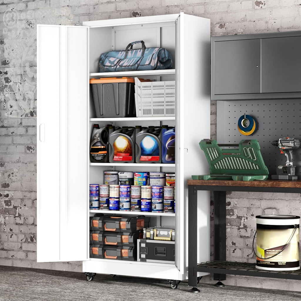 Greenvelly 73' Rolling Storage Cabinet,White Metal Garage Cabinet with Locking Doors and 4 Adjustable Shelves for Home,Kitchen,Office,Warehouse(32' W x 16' D,Wheels)