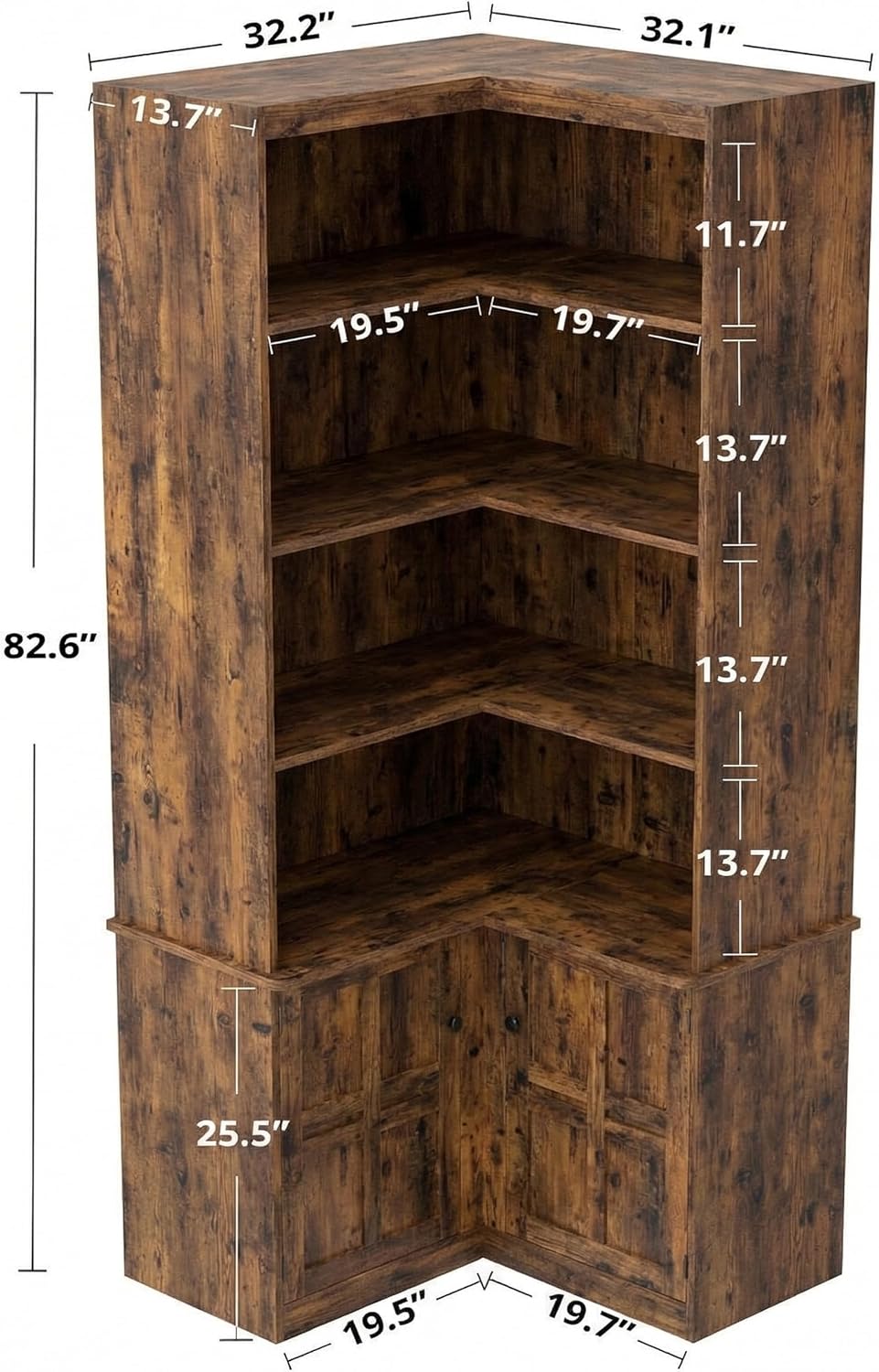IRONCK Corner Bookshelf with Doors, 6-Tier Tall Corner Bookcase with Storage Cabinet, L-Shaped Corner Shelf for Living Room, Home Office, Vintage Brown