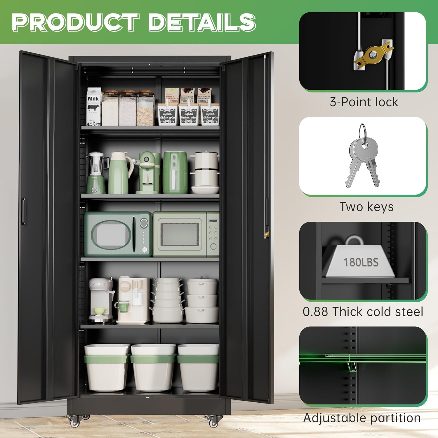 INTERGREAT 73' H Metal Storage Cabinet with Wheels, Locking Doors and Adjustable Shelves, Black Rolling Steel Tool Cabinet for Home Office, Garage, Warehouse