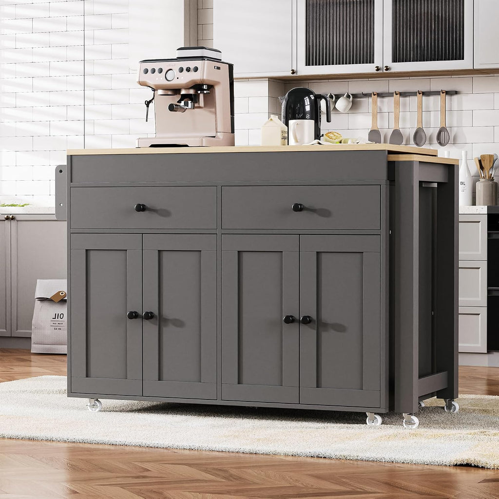 74.5' Rolling Kitchen Island with Extendable Dining Table, Storage Cart on Wheels with 2 Drawers, Spice Rack, 4 Door Cabinet for Kitchen, Dining Room, Grey