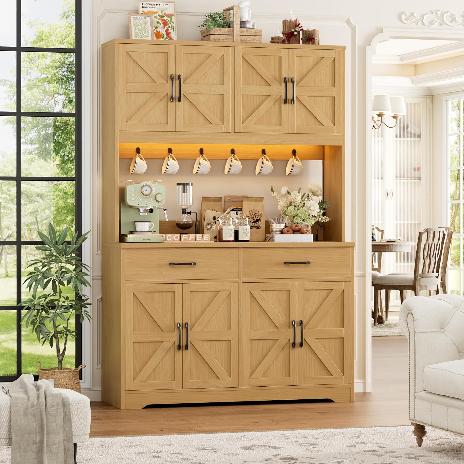 HIFIT 71' Tall Kitchen Pantry Cabinet with RGB LED and Charging Station, Farmhouse Coffee Bar Cabinet with Large Countertop and 6 Hooks, Kitchen Hutch Storage Cabinet, Natural