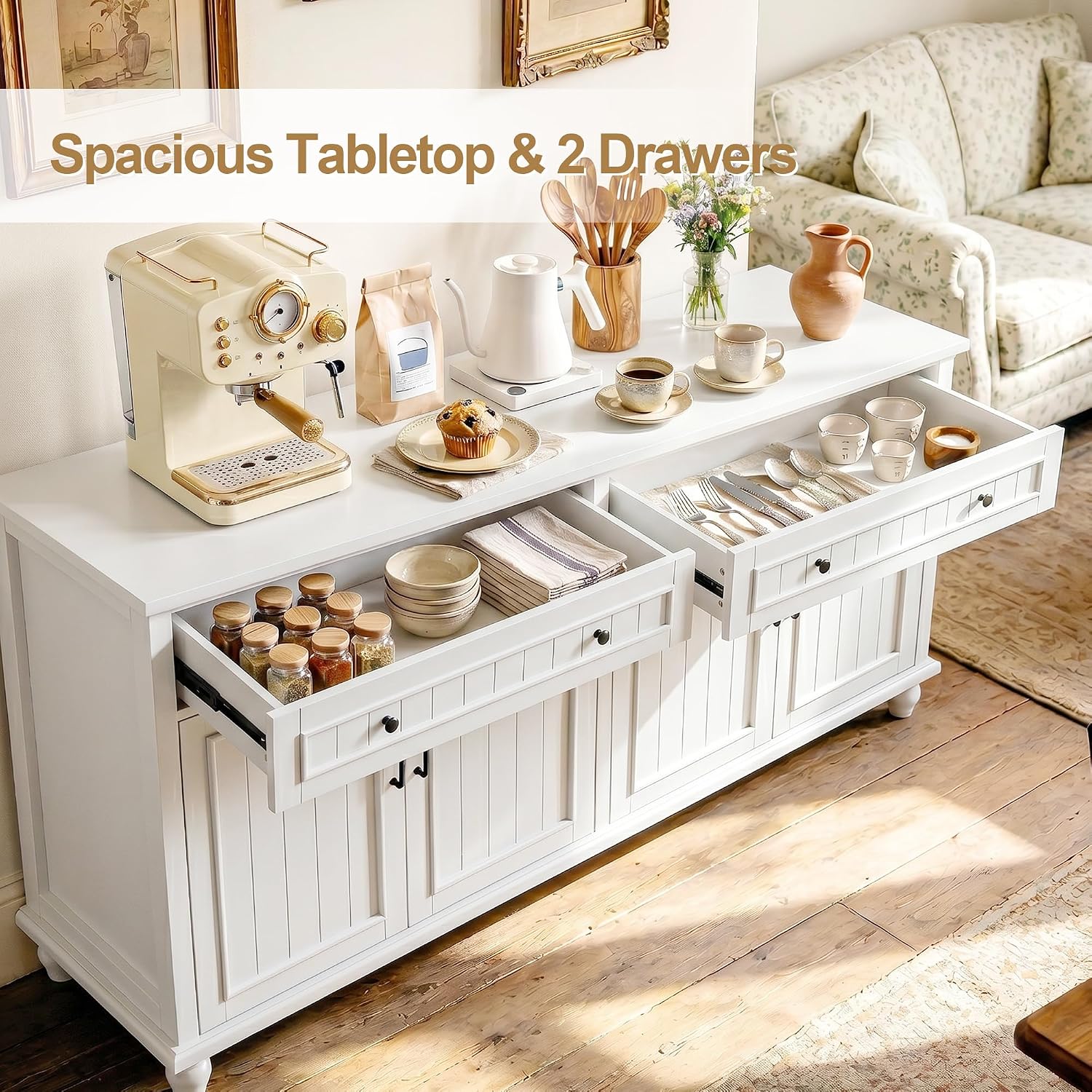 Scurrty Sideboard Buffet Cabinet, 62'' Large Storage Cabinet with Drawers and 4 Doors, Vintage Coffee Bar Cabinets with Adjustable Shelf for Kitchen, Living Room, White