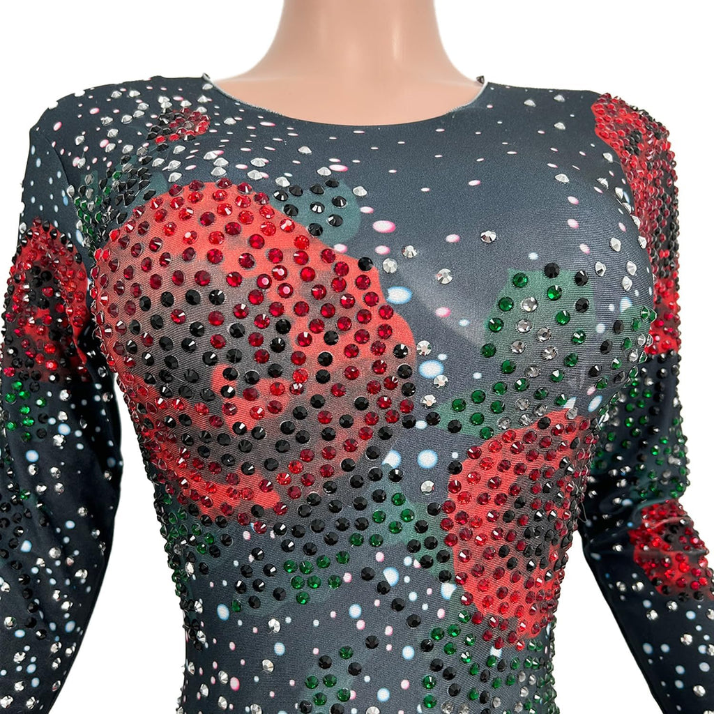Women Nightclub Diamond Slim Fit Jumpsuits Romantic Rose Pattern Rompers Birthday Party Singer Dancer Stage Clothes