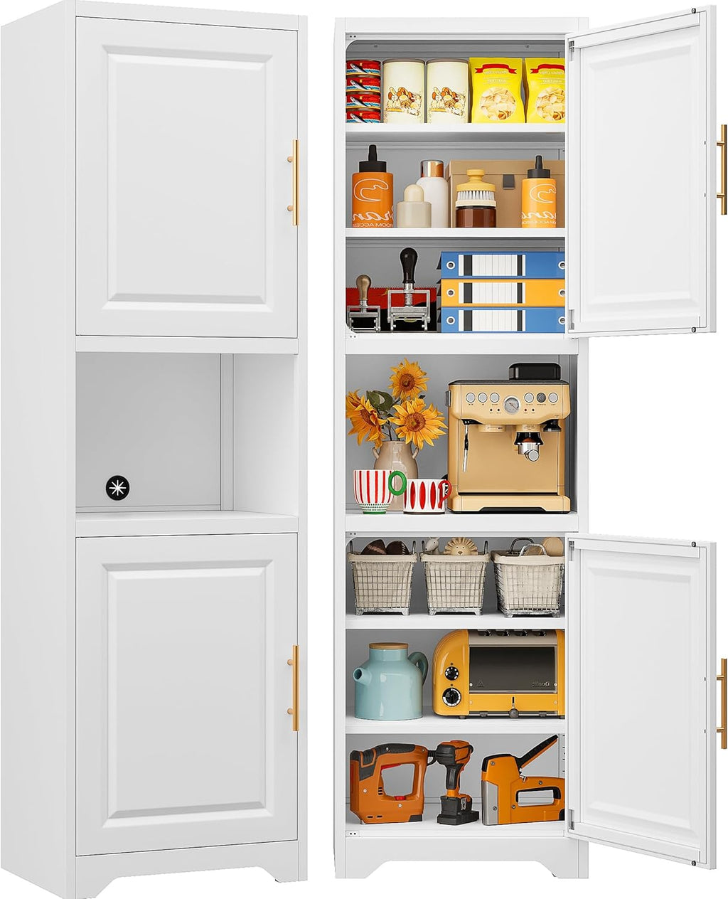 SISESOL 67' Tall Narrow Storage Cabinet with 2 Door and 7 Shelves,Slim Kitchen Pantry Cabinet,White Metal Bathroom Cabinets,Large Cupboard for Home,Kitchen,Laundry,Bathroom