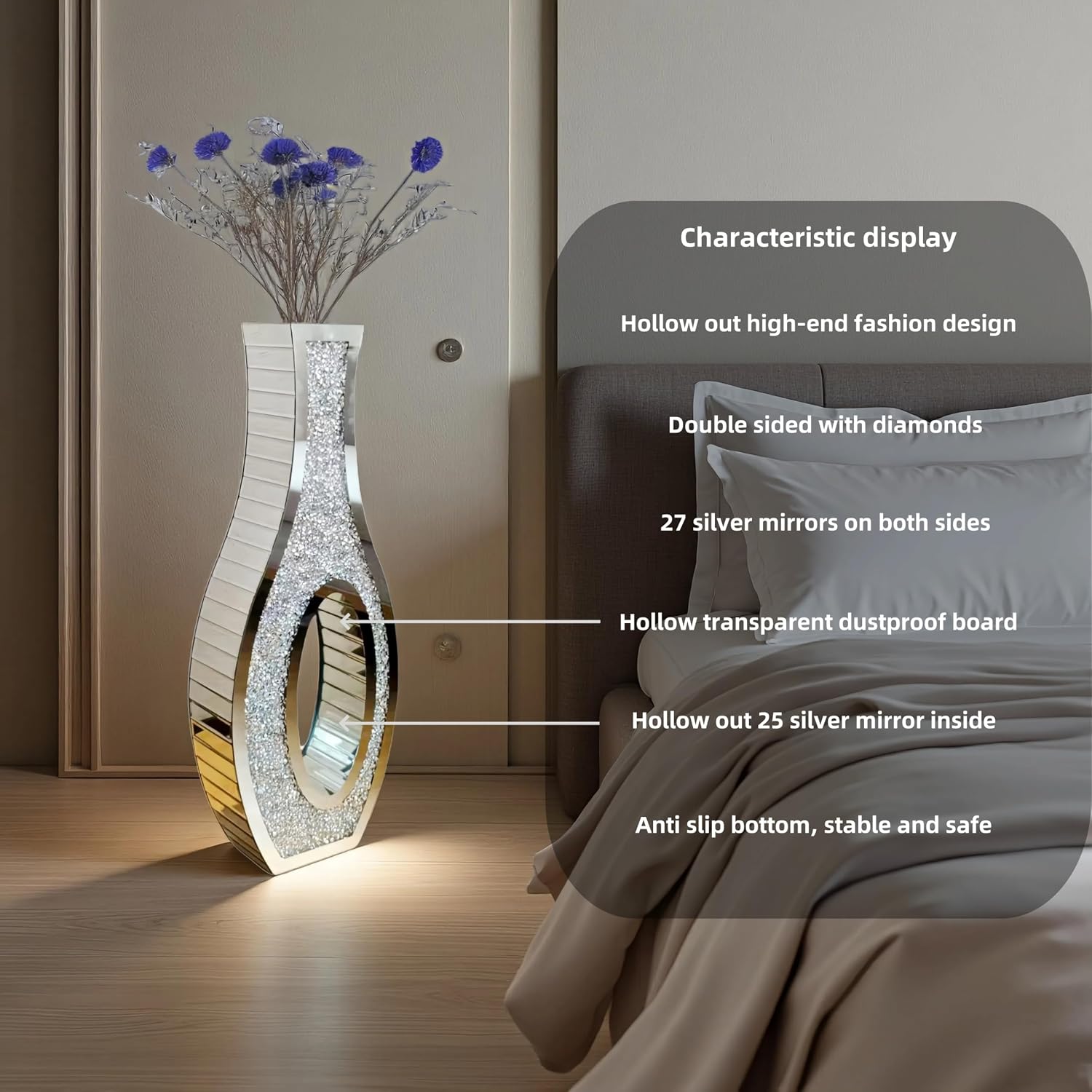 30' Tall Double Sided Crushed Diamond Floor Vases, Large Hollow Out Dustproof Vase for Living Room, Floor Vases Decorative Tall for Home,Office,Hotel(11.8' L x 5.37' W x 30' H)