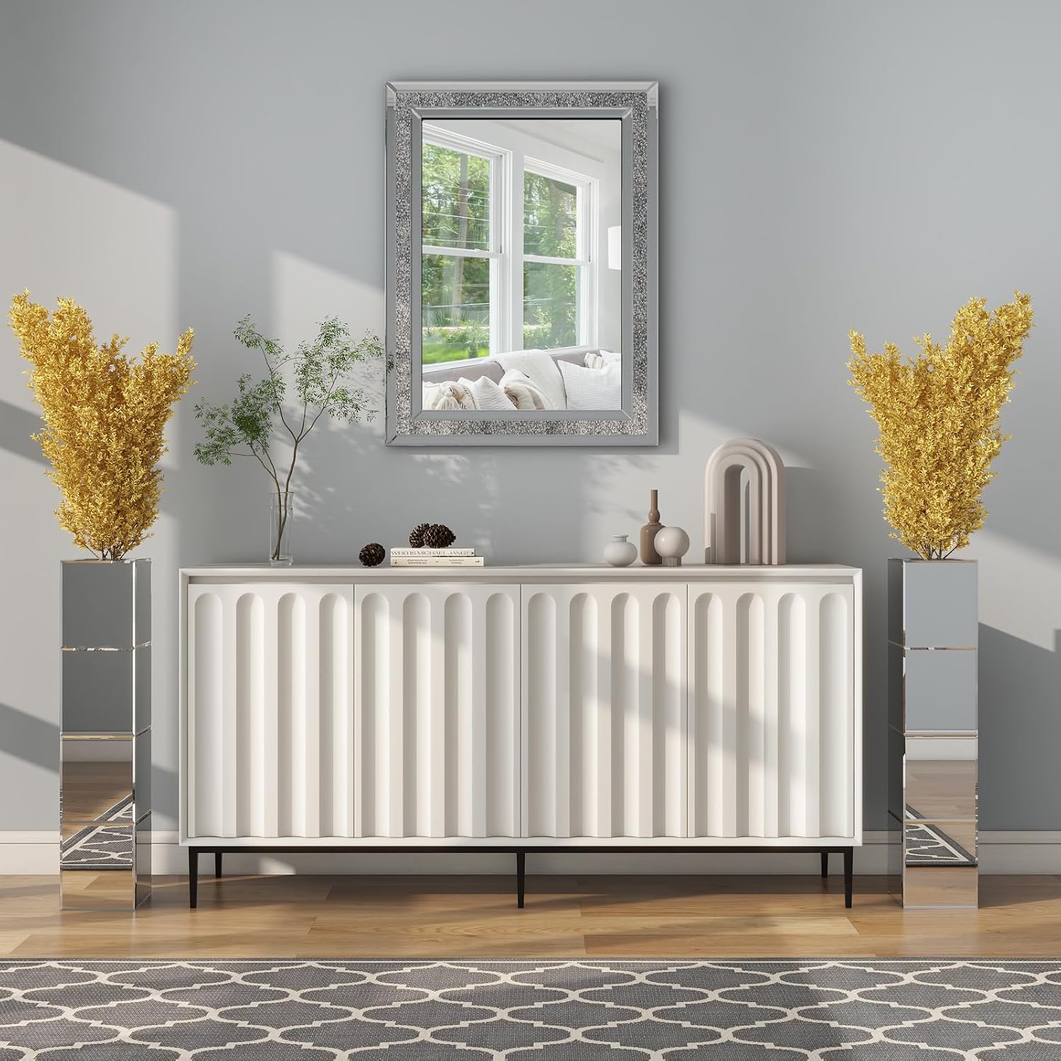 Tall Floor Vase Set of 2, 28 inch Mirrored Vases for Floor Home Decorative Large Cube Vase Silver for Dried Flower Modern Glass Vases for Living Room