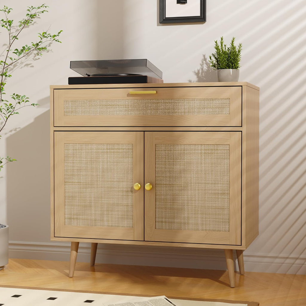 Furnify Rattan Sideboard Buffet Set of 2, Boho Kitchen Cabinet with Drawer & 2 Doors, Modern Mid Century Accent Cabinet with Adjustable Shelf, Coffee Bar for Living Room, Entryway, Kitchen, Oak