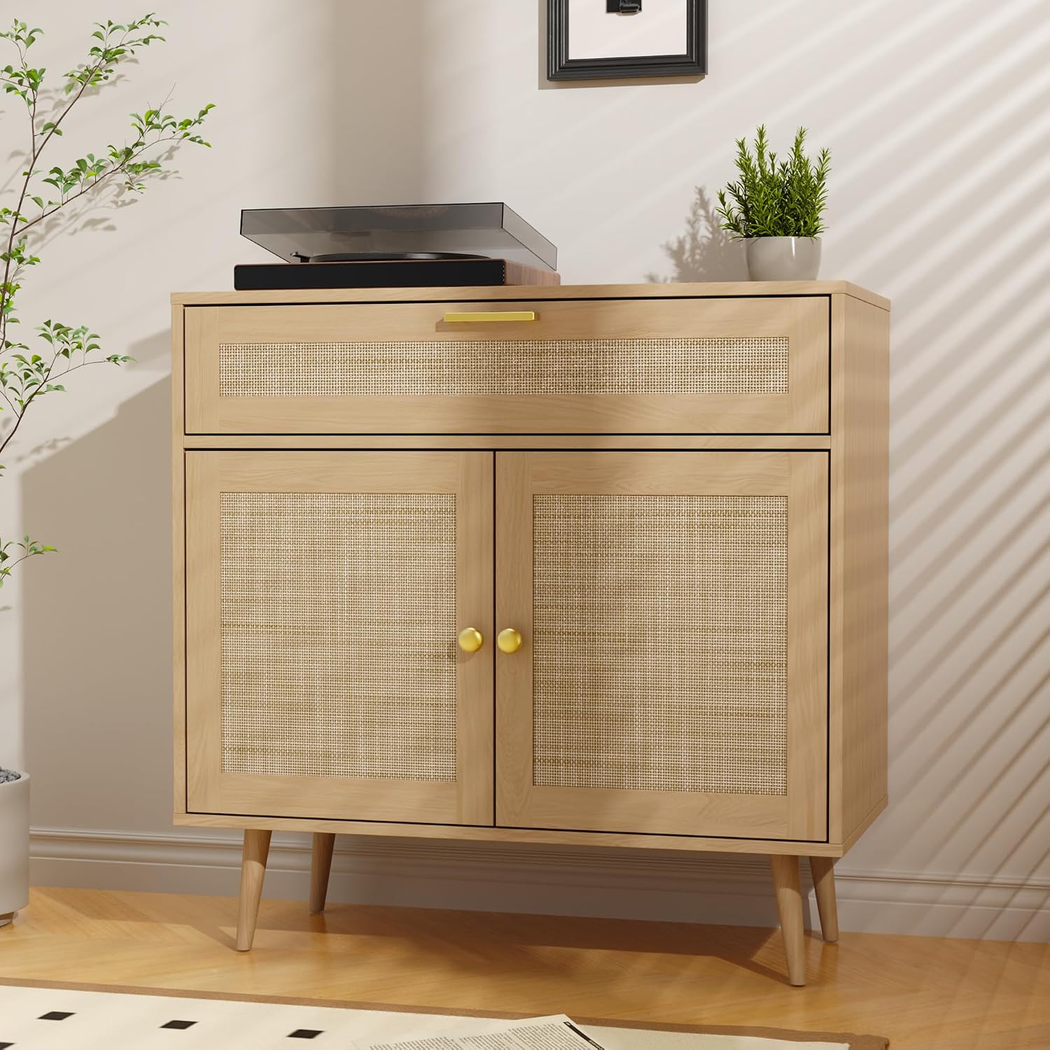 Furnify Rattan Sideboard Buffet Set of 2, Boho Kitchen Cabinet with Drawer & 2 Doors, Modern Mid Century Accent Cabinet with Adjustable Shelf, Coffee Bar for Living Room, Entryway, Kitchen, Oak