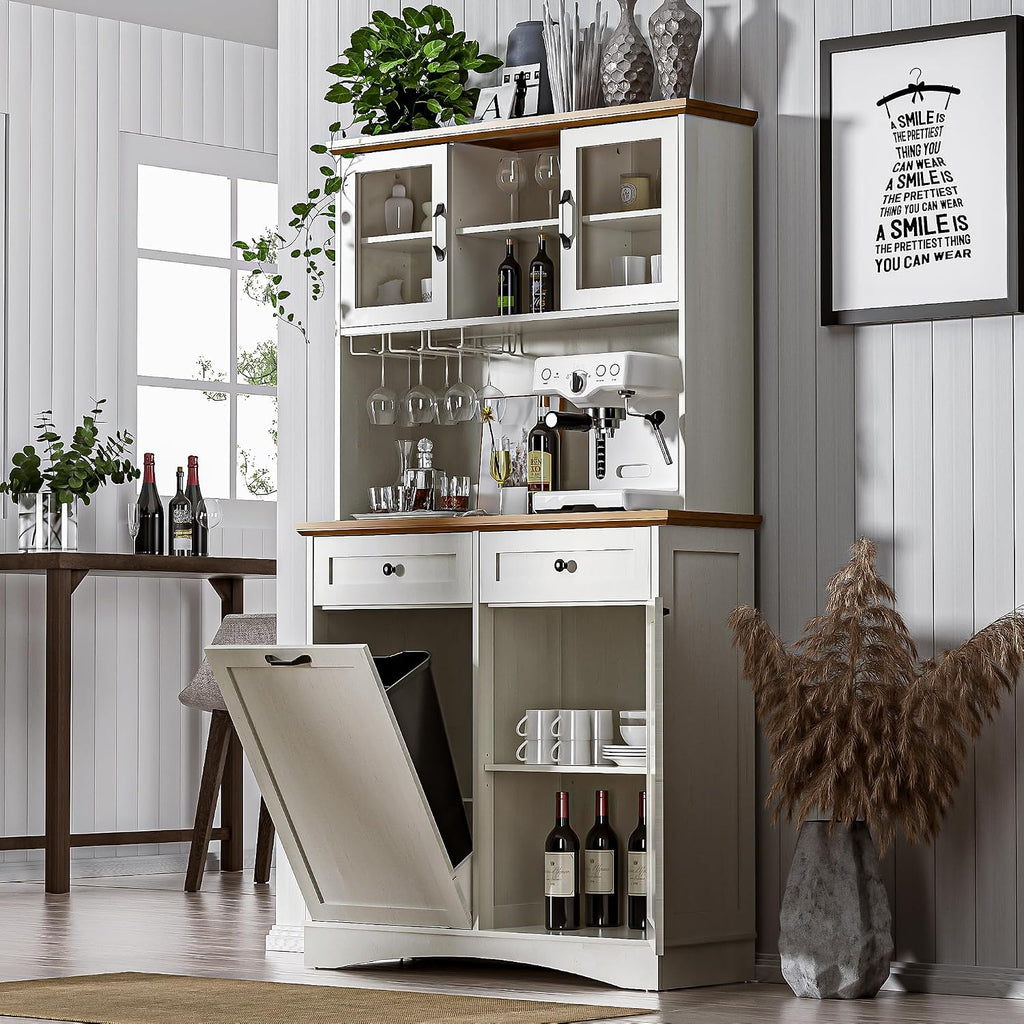 Tilt Out Trash Cabinet, Kitchen Pantry Storage Cabinets with Adjustable Shelves and Drawers, Wooden Freestanding Cabinet Trash Cans for Kitchen Living Room Dining Room, White, 13 Gallons
