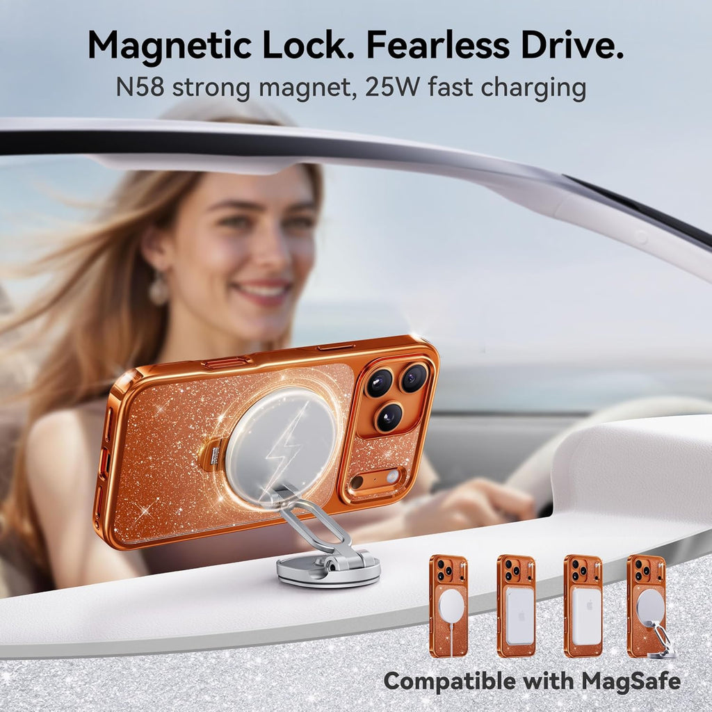 CASEKOO Cosmic Orange Swarovski Sparkle 360 Spin Magnetic Stand for Glossy iPhone 17 Pro Case for Women, Fit for MagSafe, 17FT Drop Protection, Design for 17 Pro Case, Diamond Orange Sparkle