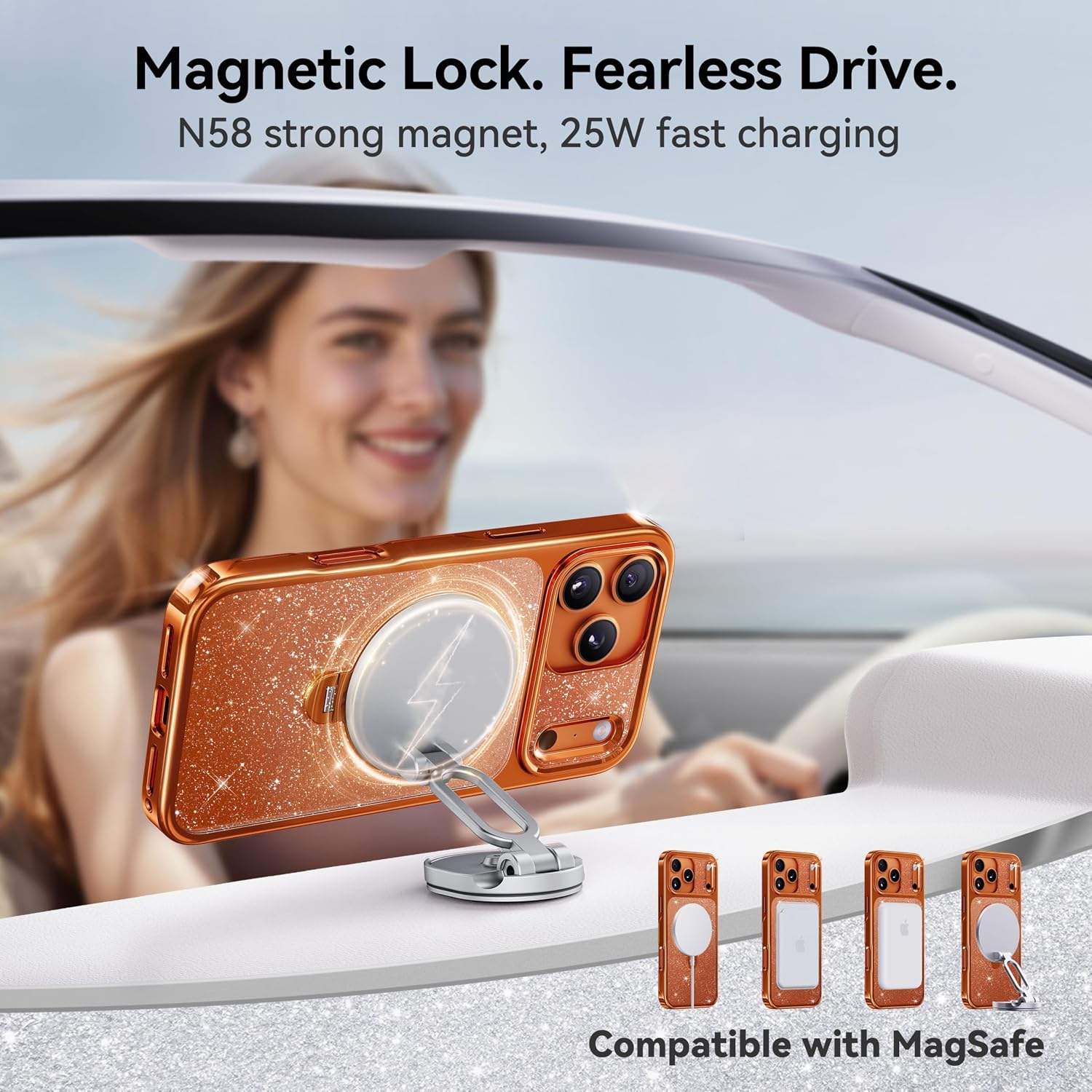 CASEKOO Cosmic Orange Swarovski Sparkle 360 Spin Magnetic Stand for Glossy iPhone 17 Pro Case for Women, Fit for MagSafe, 17FT Drop Protection, Design for 17 Pro Case, Diamond Orange Sparkle