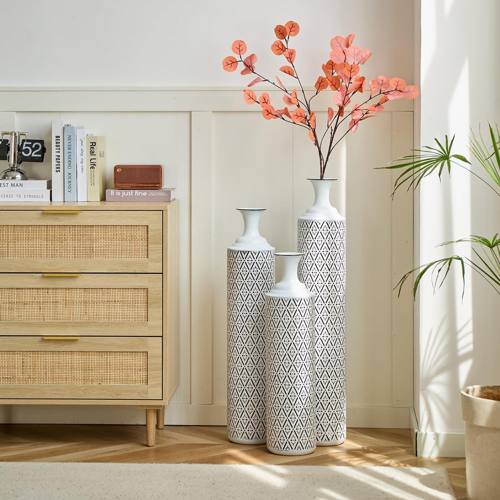 Set of 3 Gorgeous White Metal Vases - Unique Floor Decoration, Large Glazed Metal Vases at 24in, 28.7in, 33.5in for Modern Black & White Home Designs