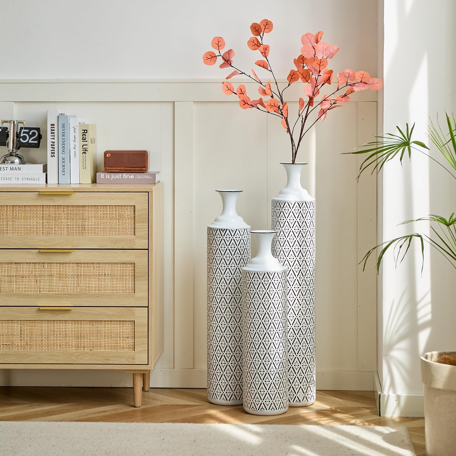 Set of 3 Gorgeous White Metal Vases - Unique Floor Decoration, Large Glazed Metal Vases at 24in, 28.7in, 33.5in for Modern Black & White Home Designs