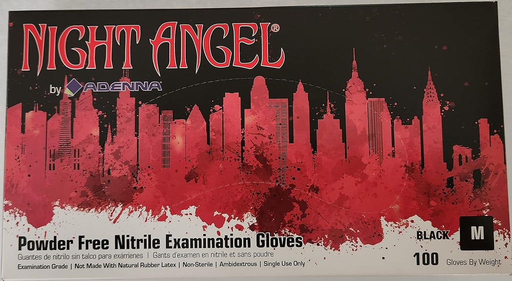Adenna (NGL225-10PK) Night Angel Nitrile Powder Free Examination Gloves, Black, Medium, 100 Piece, Pack of 10