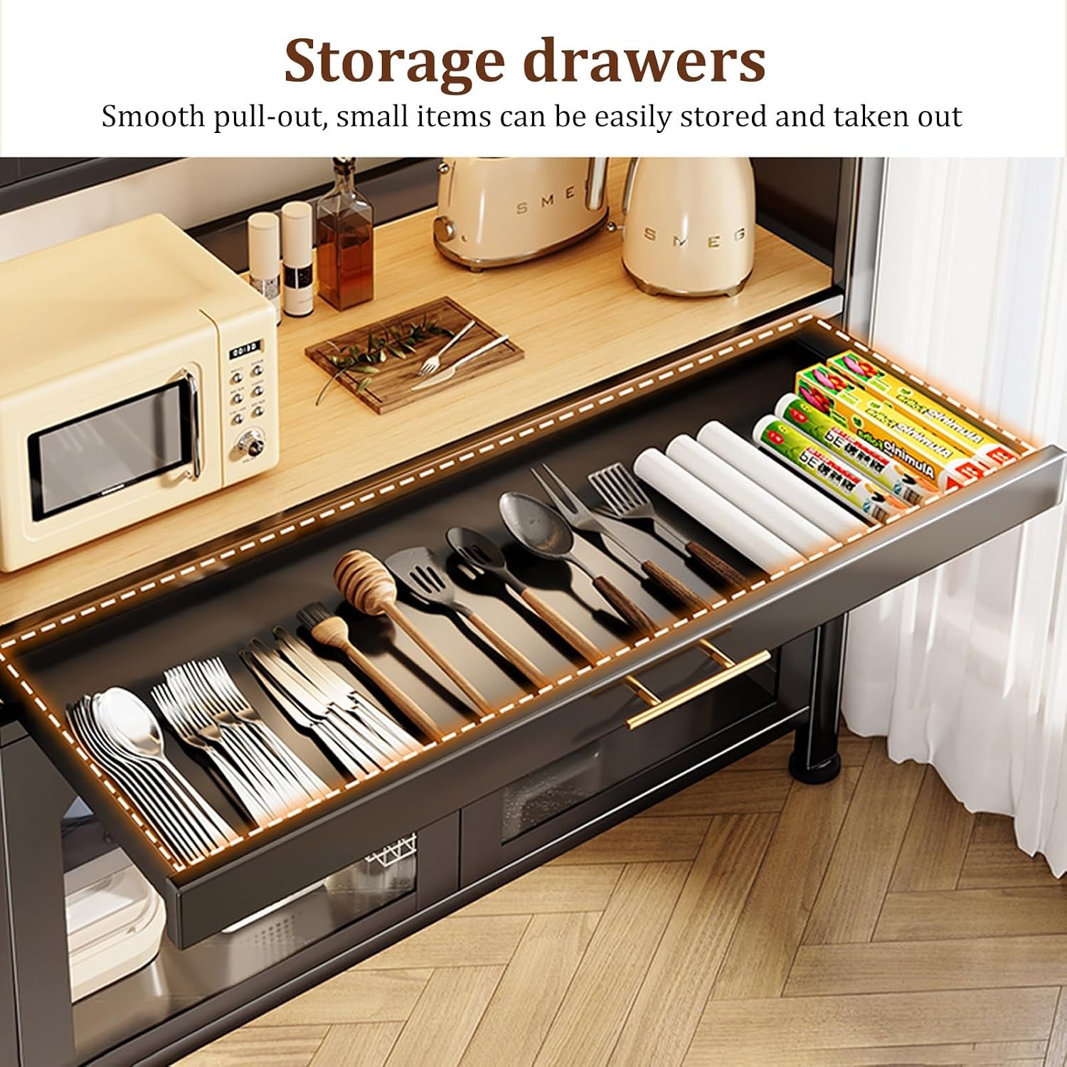 73' Bakers Rack Cabinet with Glass Doors, Tall Coffee Bar with Drawer and Adjustable Shelves, for Living Room, Dining Room, Kitchen, Entrance, Study