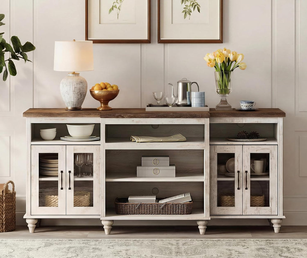 WAMAPT Buffet Cabinet with 4 Glass Doors, Large Coffee Bar Tables Wood Kitchen Storage Cabinets with 9 Storages, Modern Farmhouse Sideboard Credenza, Rustic White, 70 inch