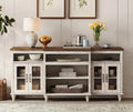 WAMAPT Buffet Cabinet with 4 Glass Doors, Large Coffee Bar Tables Wood Kitchen Storage Cabinets with 9 Storages, Modern Farmhouse Sideboard Credenza, Rustic White, 70 inch