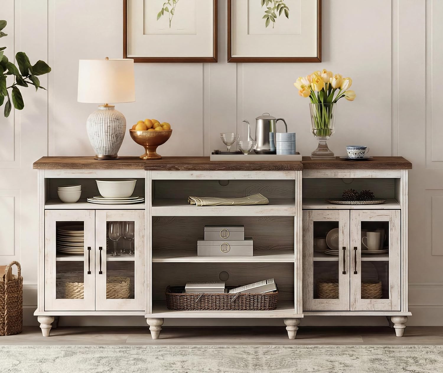 WAMAPT Buffet Cabinet with 4 Glass Doors, Large Coffee Bar Tables Wood Kitchen Storage Cabinets with 9 Storages, Modern Farmhouse Sideboard Credenza, Rustic White, 70 inch