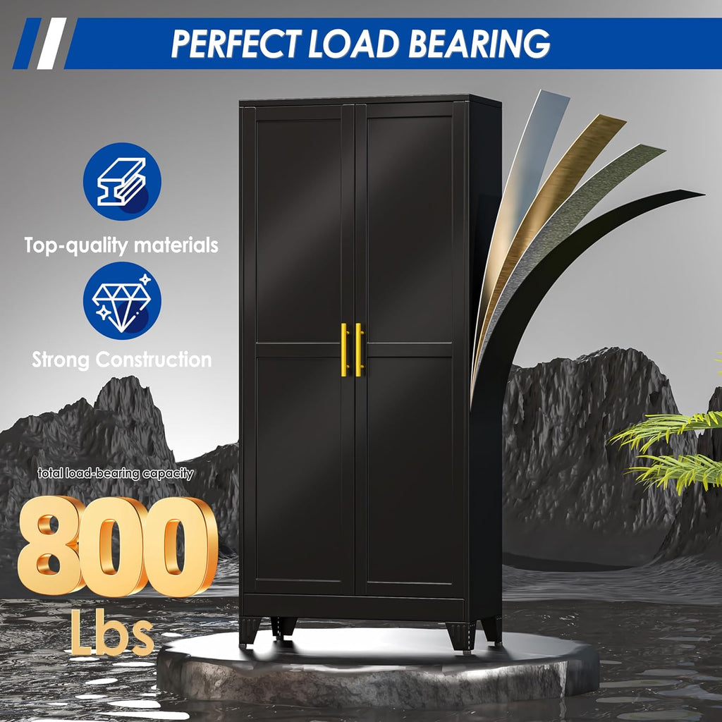 GAIOUS 71' Tall Metal Storage Cabinet with 2 Doors and 4 Adjustable Shelves, Kitchen Pantry Cabinet Black Freestanding Cupboard, 5 Tier Multifunctional Steel Storage for Office, Kitchen, Dining Room