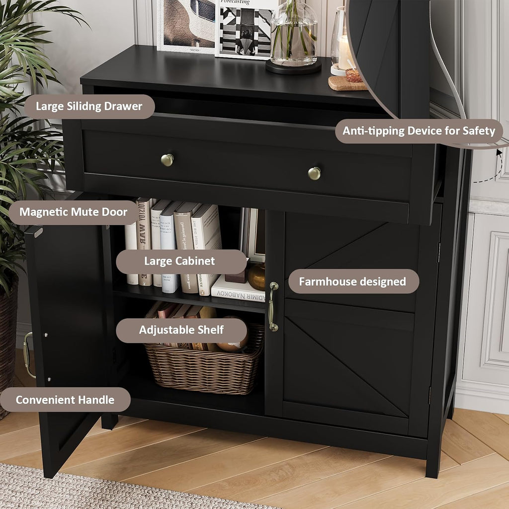 Buffet Sideboard with 2 Barn Doors,Black Kitchen Cabinet with Adjustable Shelf, Freestanding Floor Storage Cabinet
